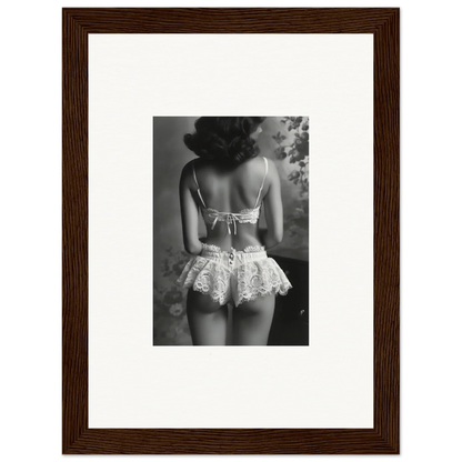 Black and white photograph of a woman in lacy lingerie for elegant room decor