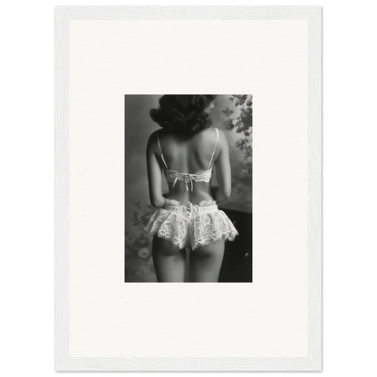 Black and white photo of a woman in lacy lingerie for Silk Fawns room decor