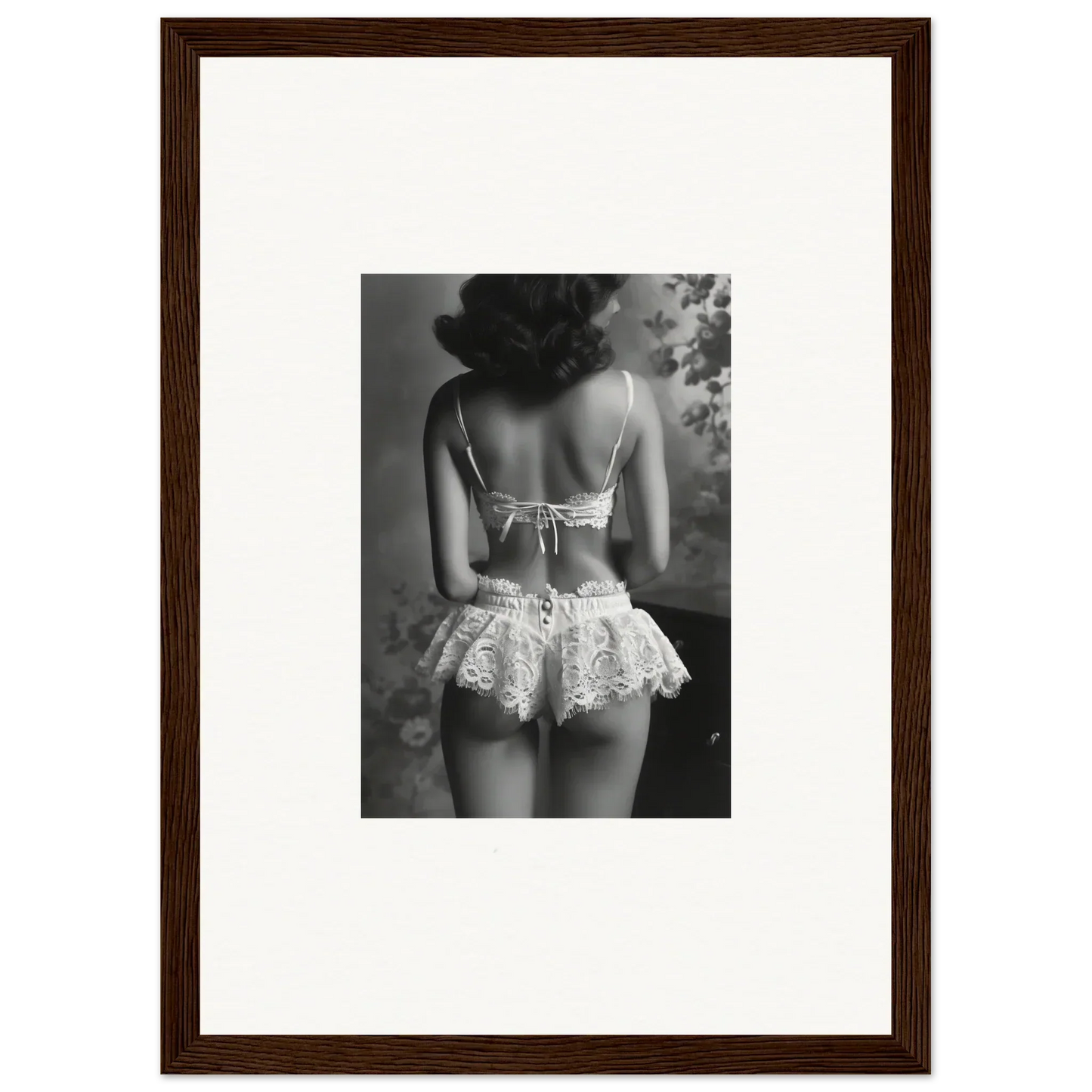 Black and white image of woman in lacy lingerie, perfect for Silk Fawns wall decor