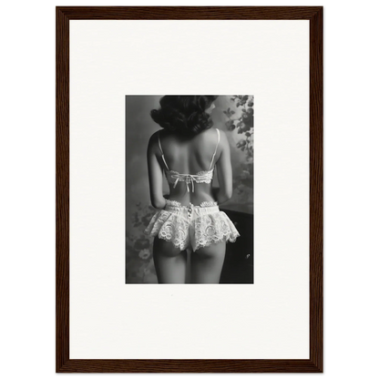 Black and white image of woman in lacy lingerie, perfect for Silk Fawns wall decor