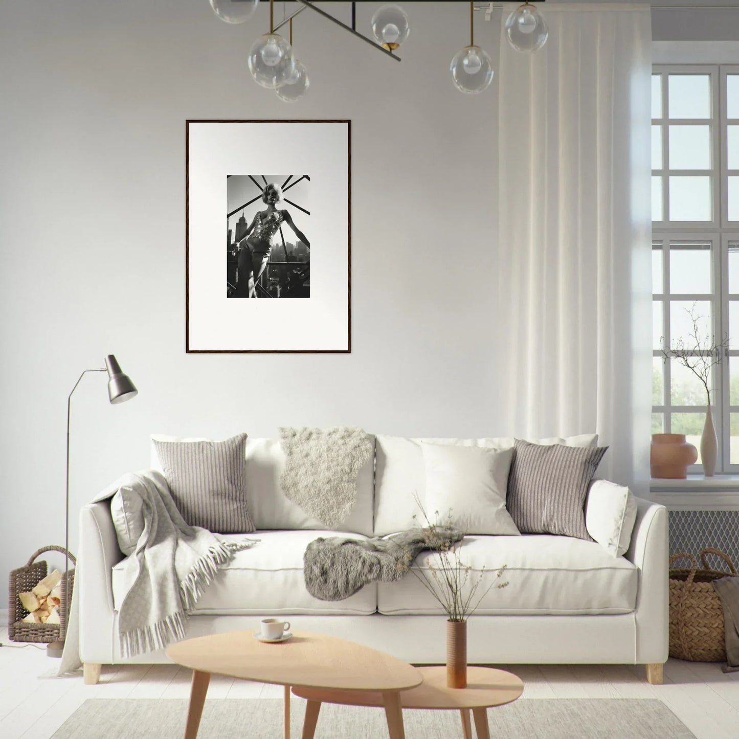 White sofa adorned with gray and cream pillows and throws.