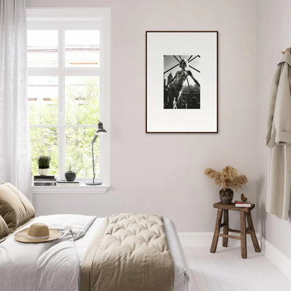 Cozy bedroom with neutral tones and minimalist decor.