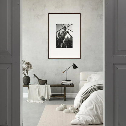 Framed black and white photograph of a palm tree against the sky.