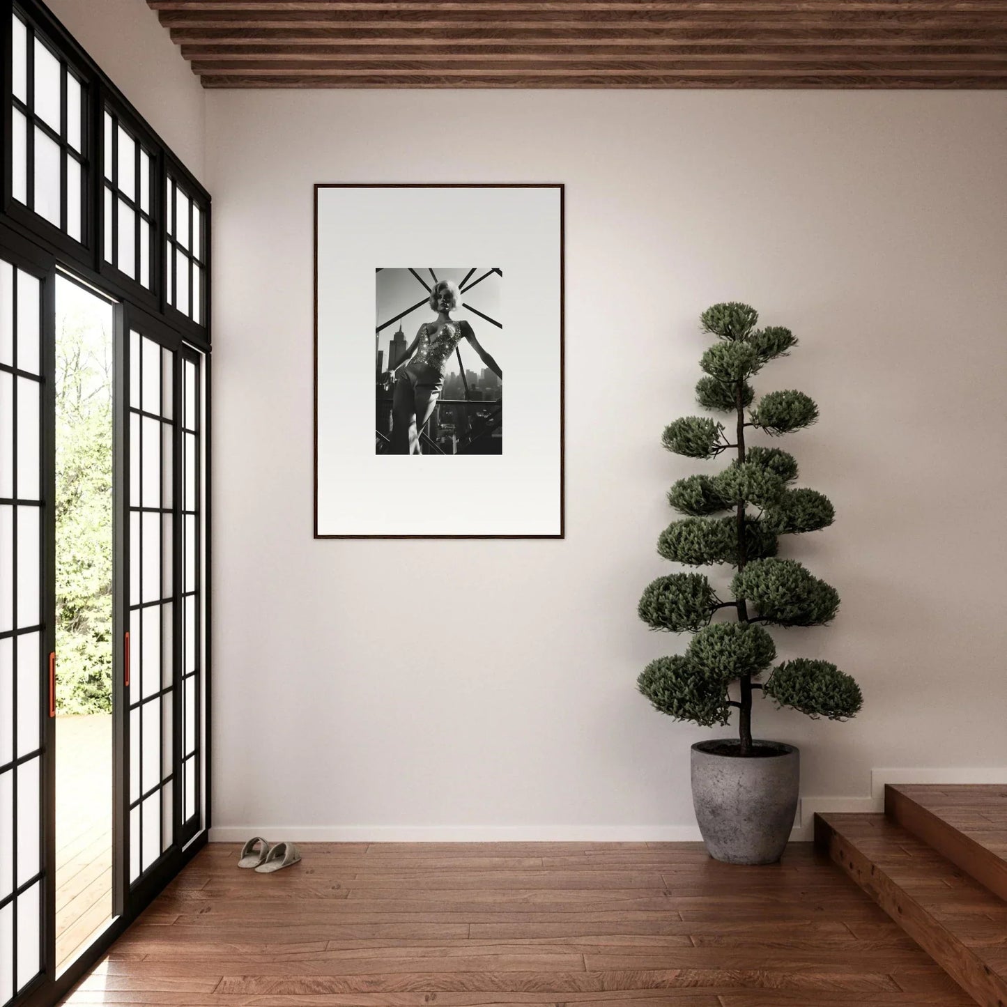 Framed black and white photograph of a palm tree.