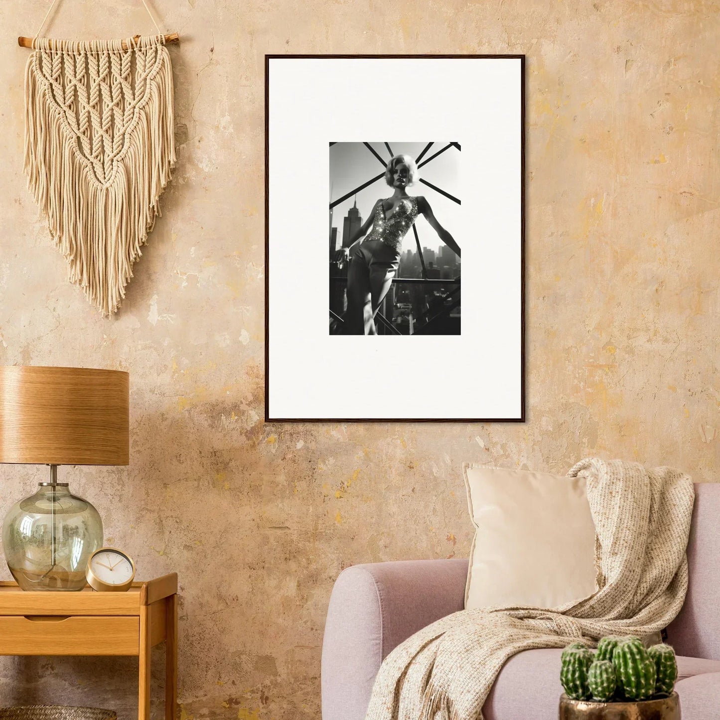 Framed black and white photograph of a performer on stage.