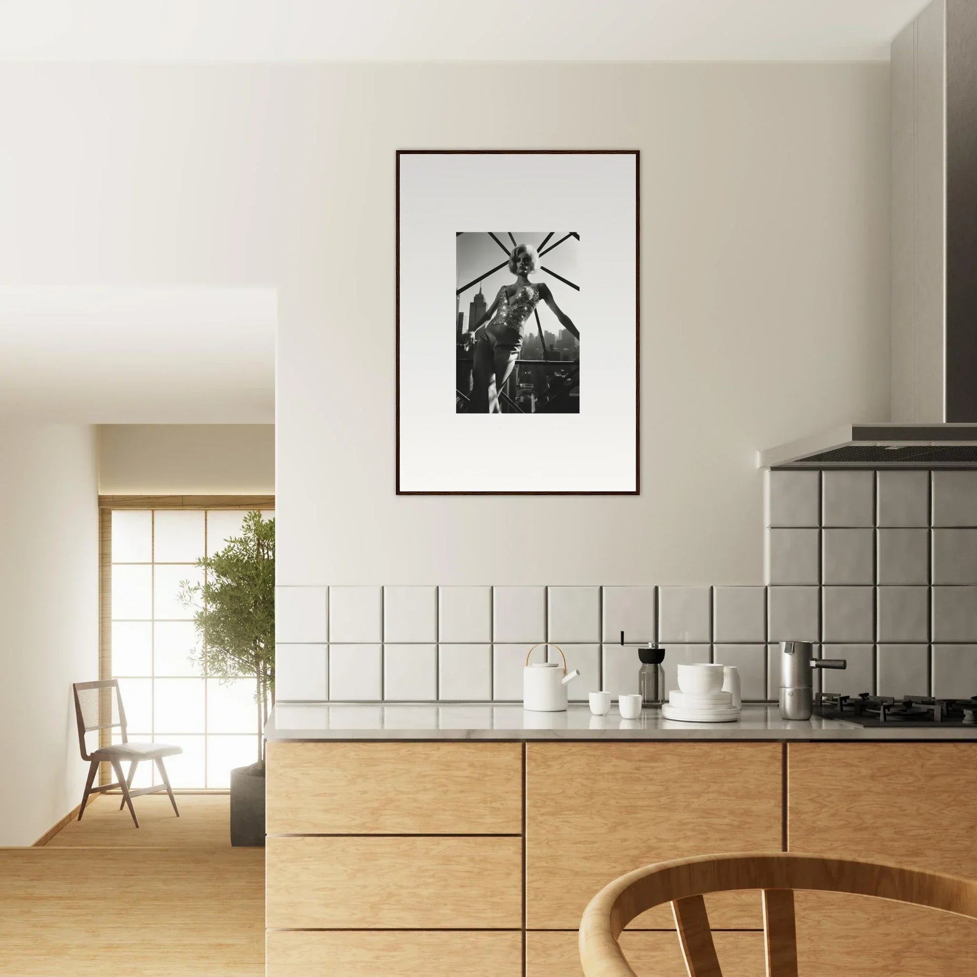 Framed black and white photograph of a windmill hanging on a kitchen wall.