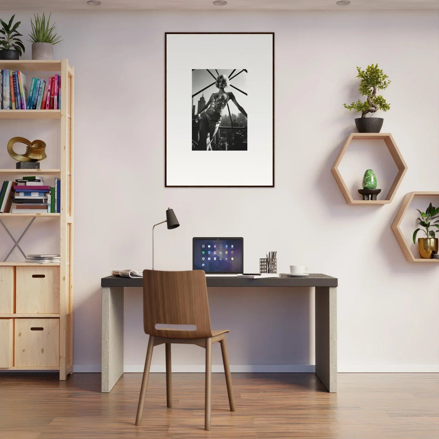 Home office workspace with a desk, chair, and decorative wall elements.