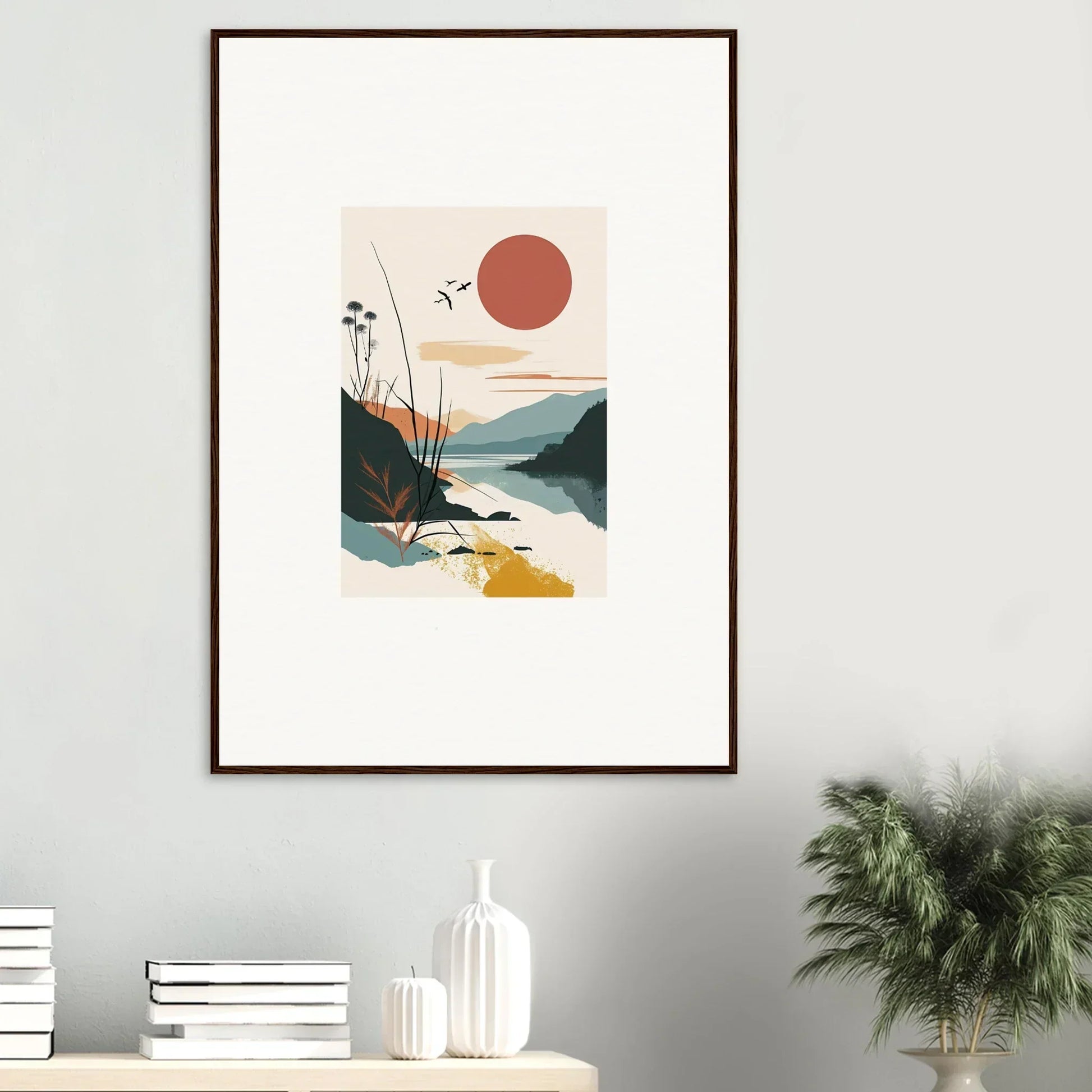 Framed minimalist canvas print of a mountain scene with sunrise unfurled for cool room decoration