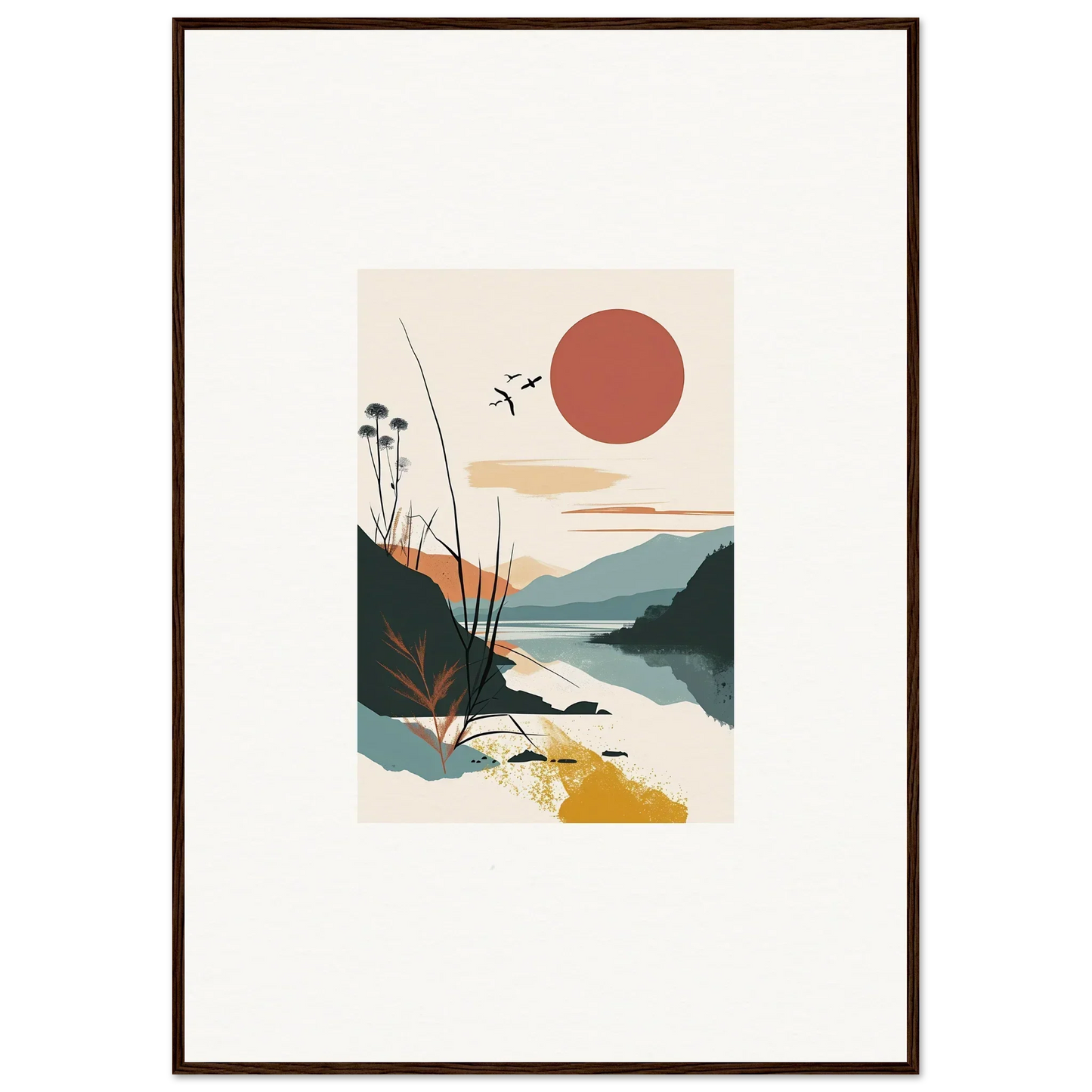 Minimalist landscape canvas print of sunrise unfurled over water and mountains for room decoration