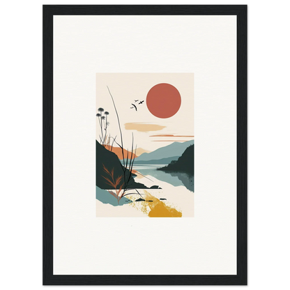 Minimalist landscape canvas print of Sunrise Unfurled with sunset, mountains, and water