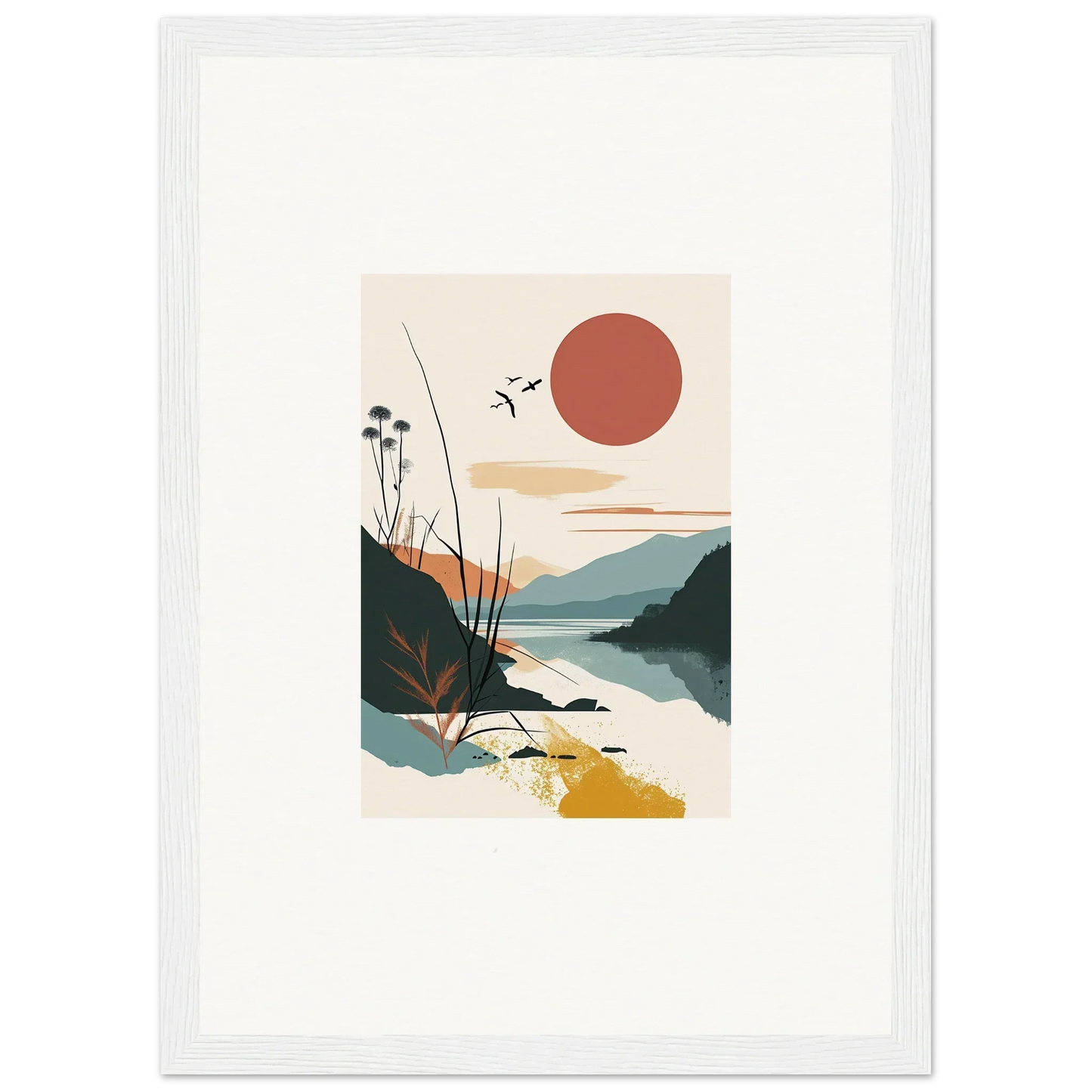 Minimalist landscape canvas print of Sunrise Unfurled over mountains and water for room decoration