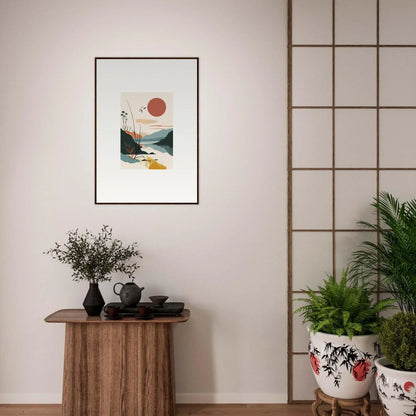 Framed canvas print of Sunrise Unfurled with a red sun, mountains, and water for room decoration