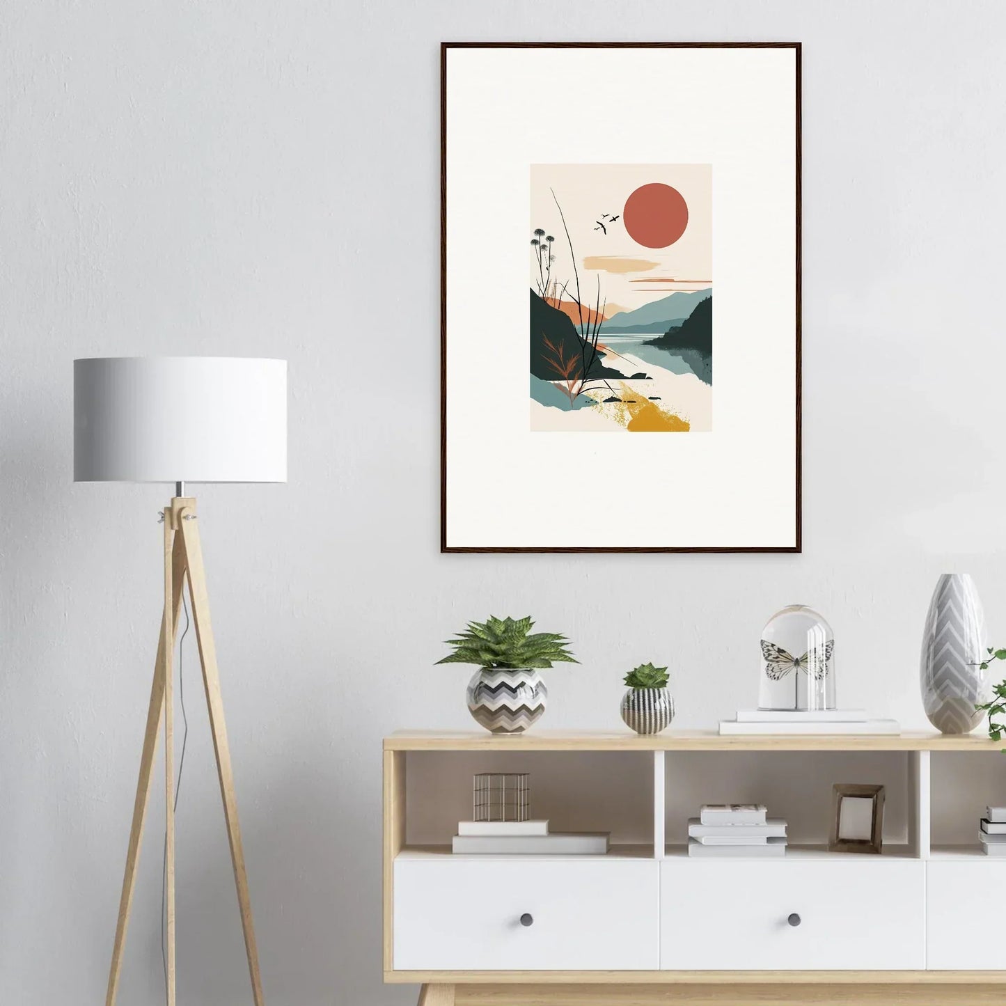 Framed canvas print of Sunrise Unfurled with minimalist landscape shapes and a red sun