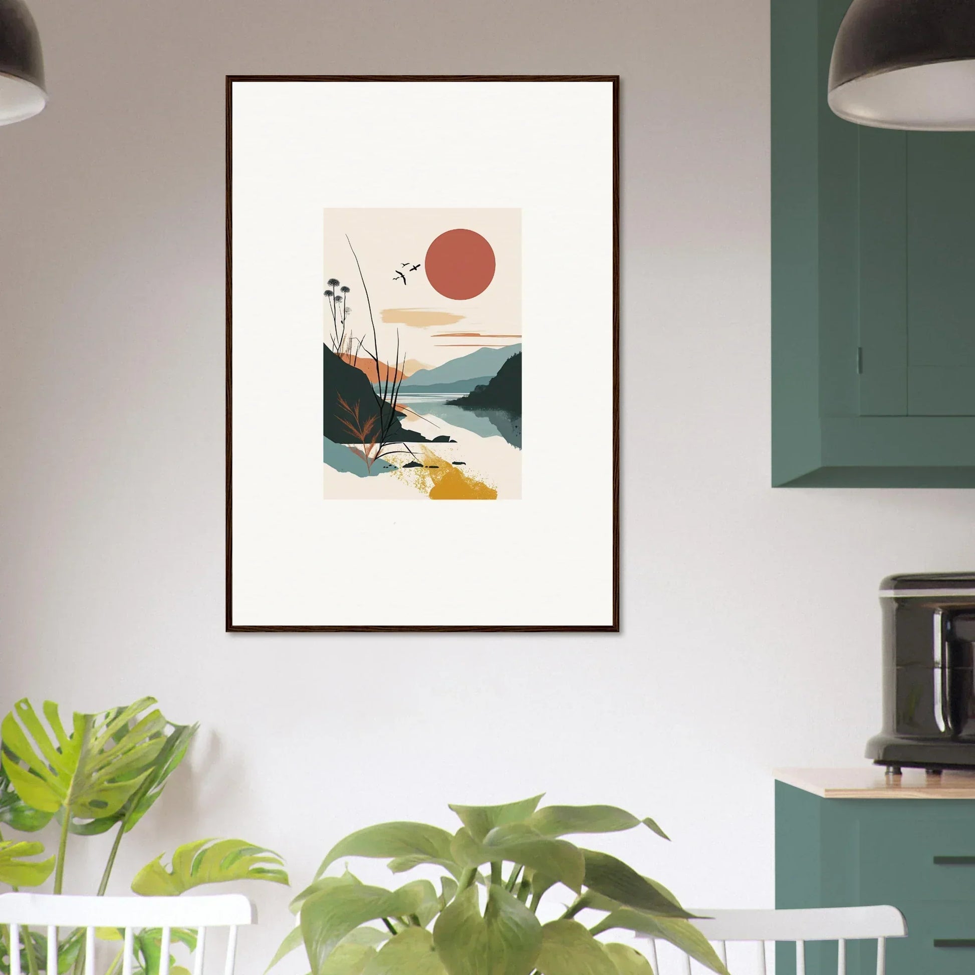 Framed canvas print of Sunrise Unfurled with abstract mountains and water for room decoration