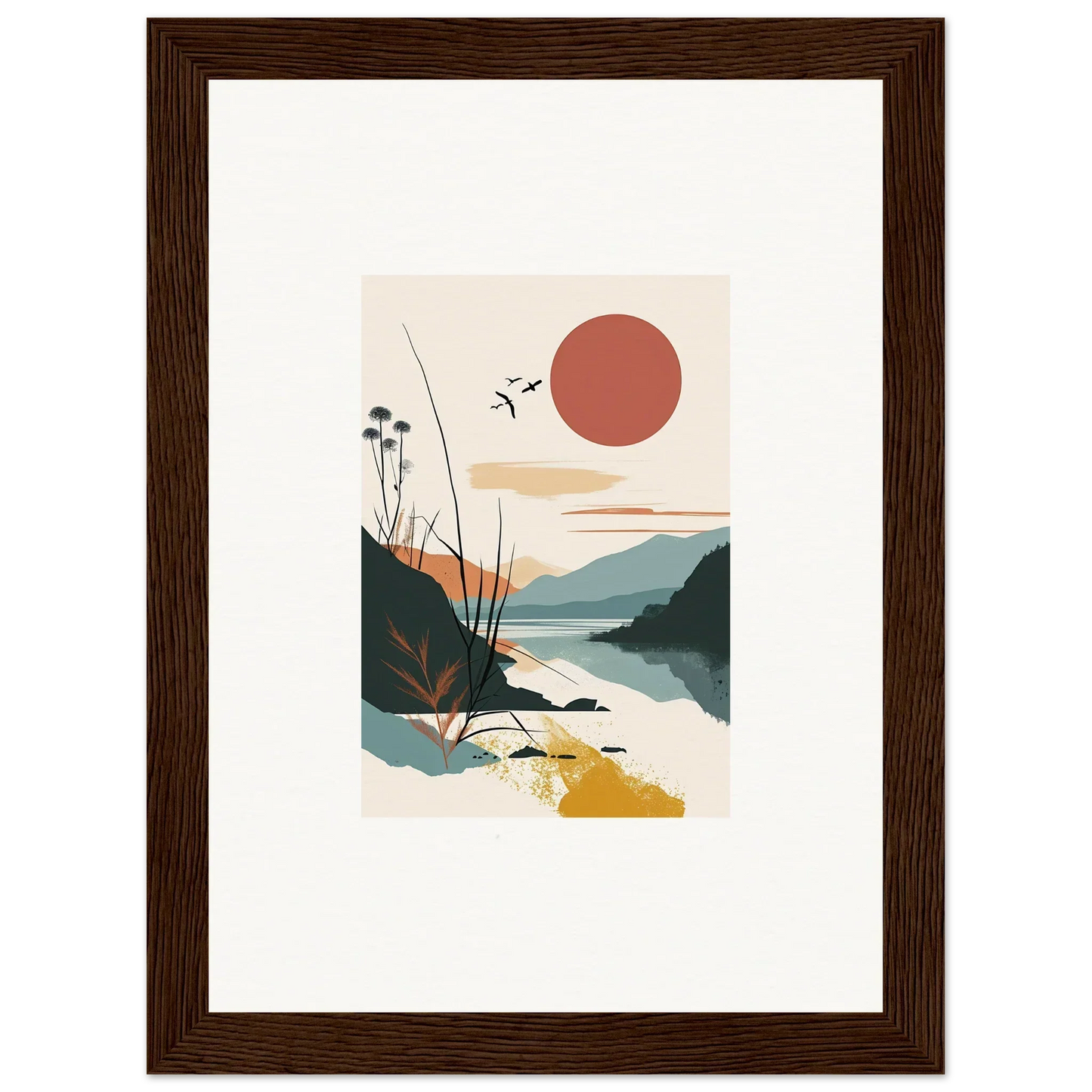 Framed minimalist canvas print of Sunrise Unfurled with sunset, mountains, and plants