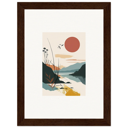 Framed minimalist canvas print of Sunrise Unfurled with sunset, mountains, and plants