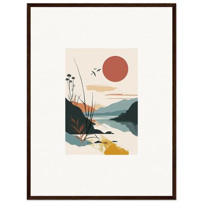 Minimalist lakeside artwork with mountains and a red sun for a stunning canvas print