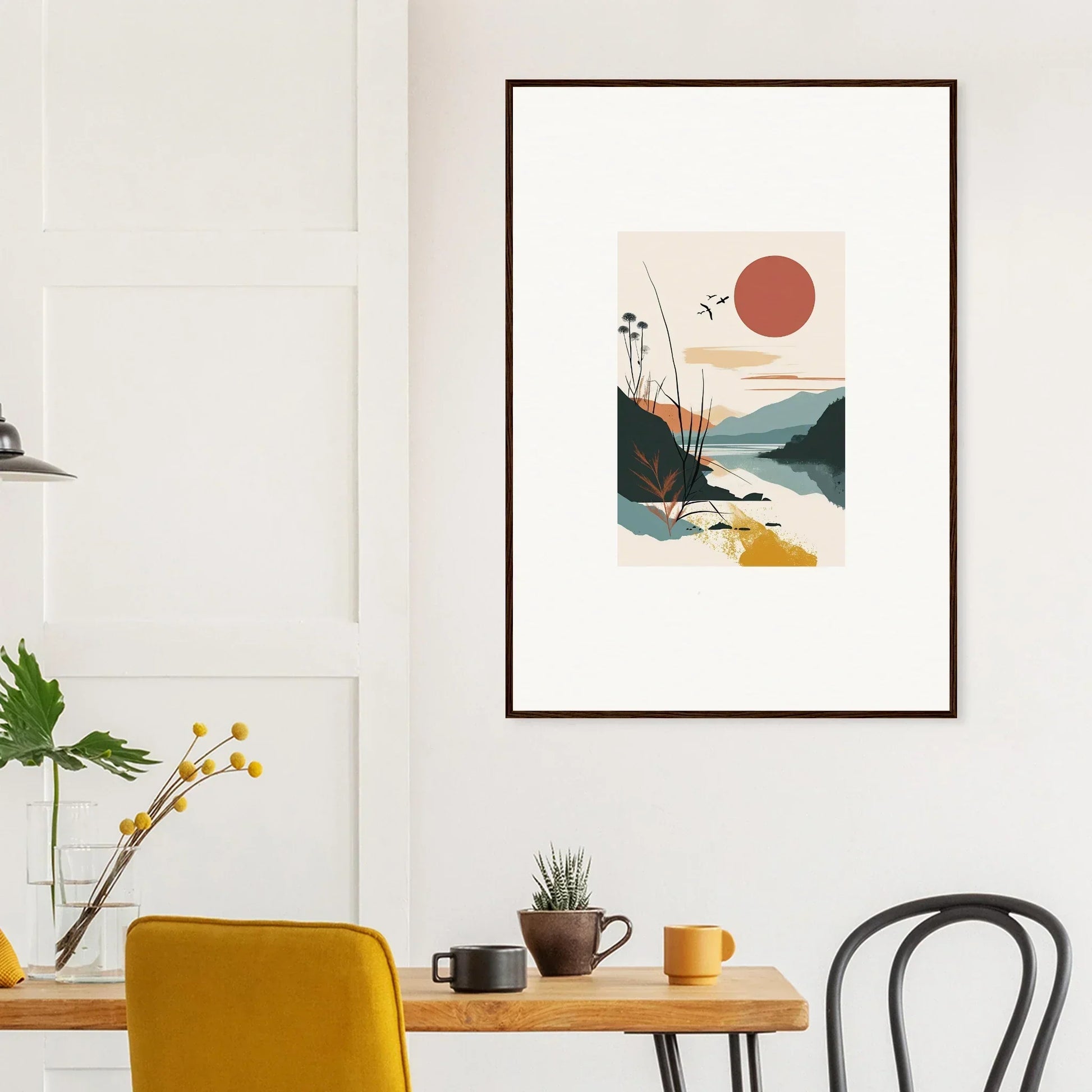 Framed minimalist landscape canvas print of a sunrise unfurled with mountains and water