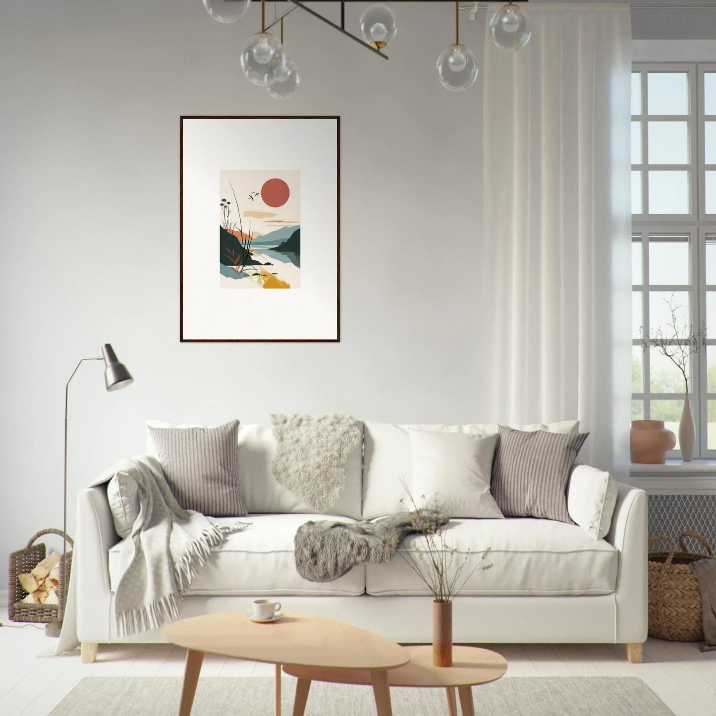 White sofa with cozy pillows and blankets for a stylish room decoration with Sunrise Unfurled