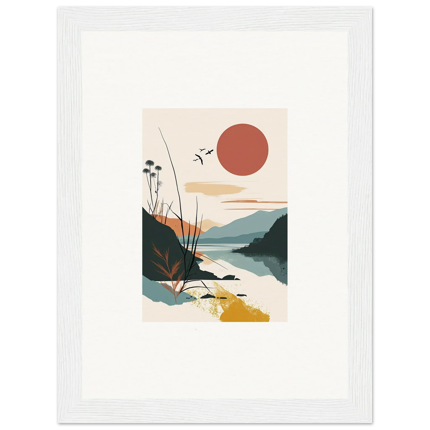 Minimalist canvas print of Sunrise Unfurled with sunset over mountains and water