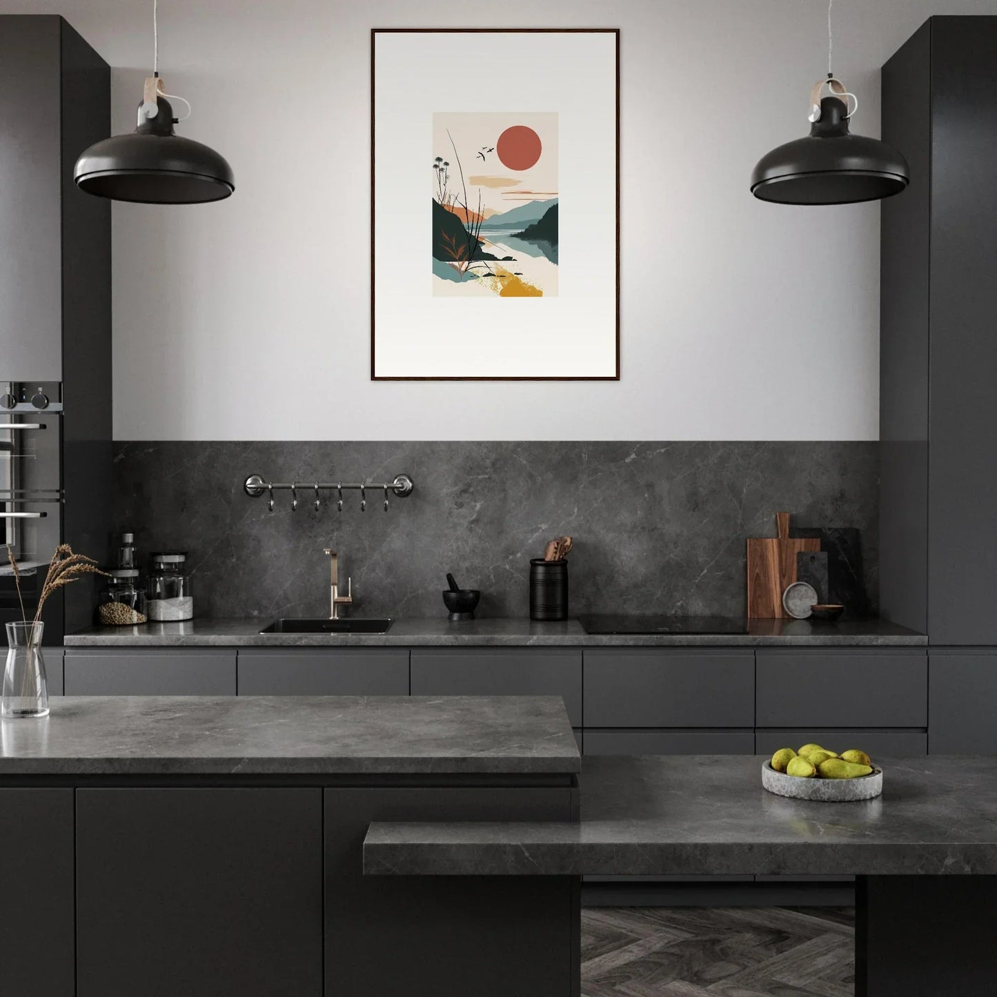 Modern kitchen with dark cabinets and a Sunrise Unfurled canvas print for room decoration