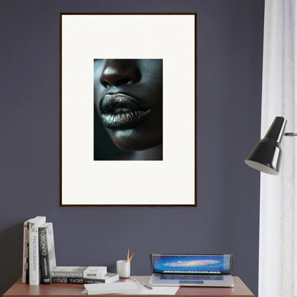 Framed canvas print of a person’s lips in metallic lipstick for unique room decoration