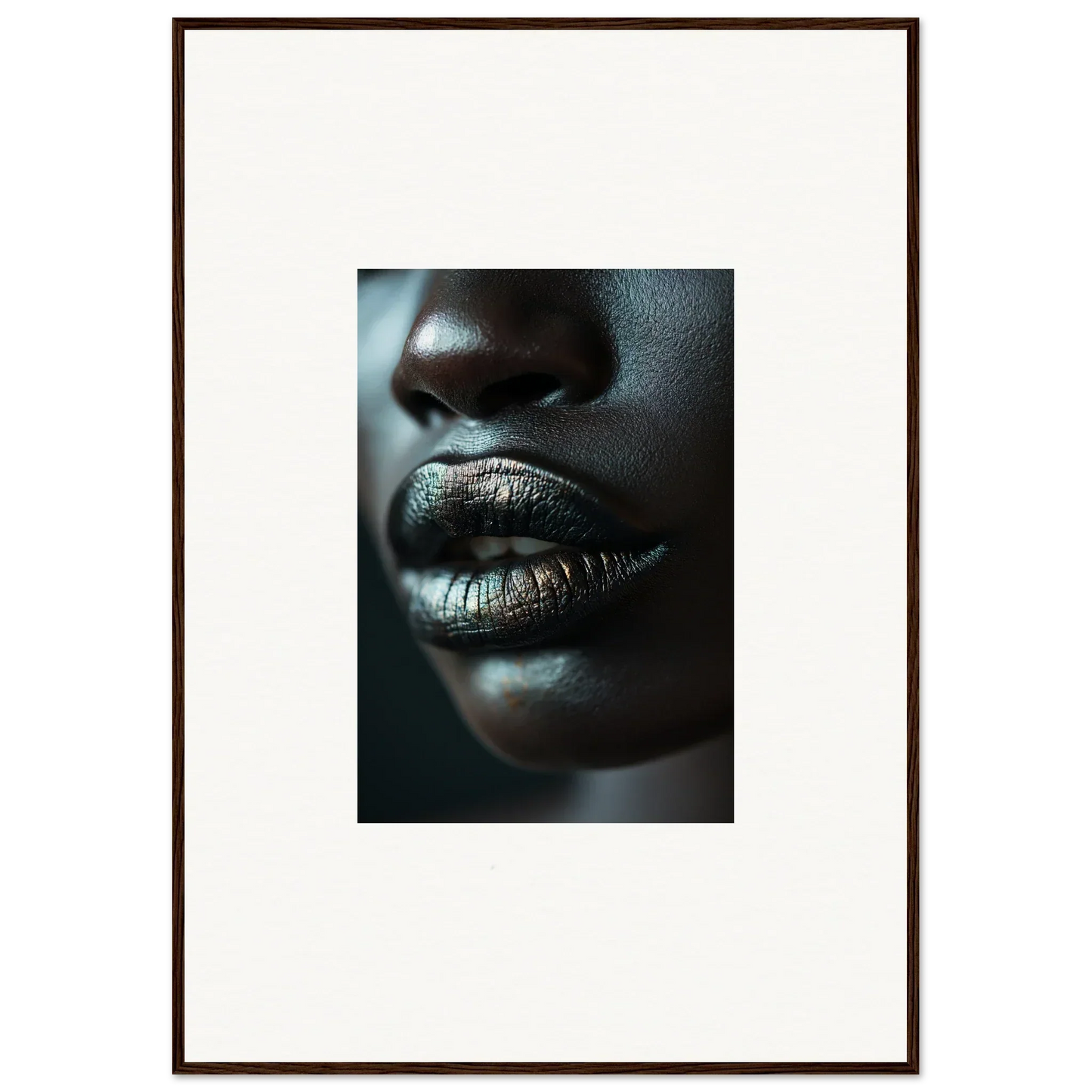 Close-up of shimmering lips and nose on dark skin from the Whisper Maelstrom canvas print