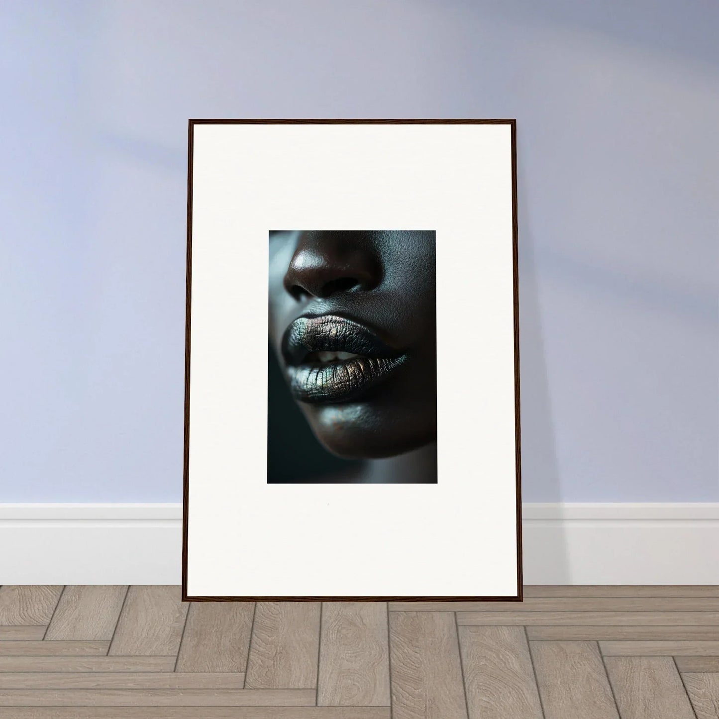 Framed black-and-white canvas print of a person’s lips for a whisper maelstrom vibe