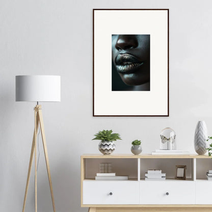 Framed canvas print of metallic lips and nose for a unique whisper maelstrom room decoration