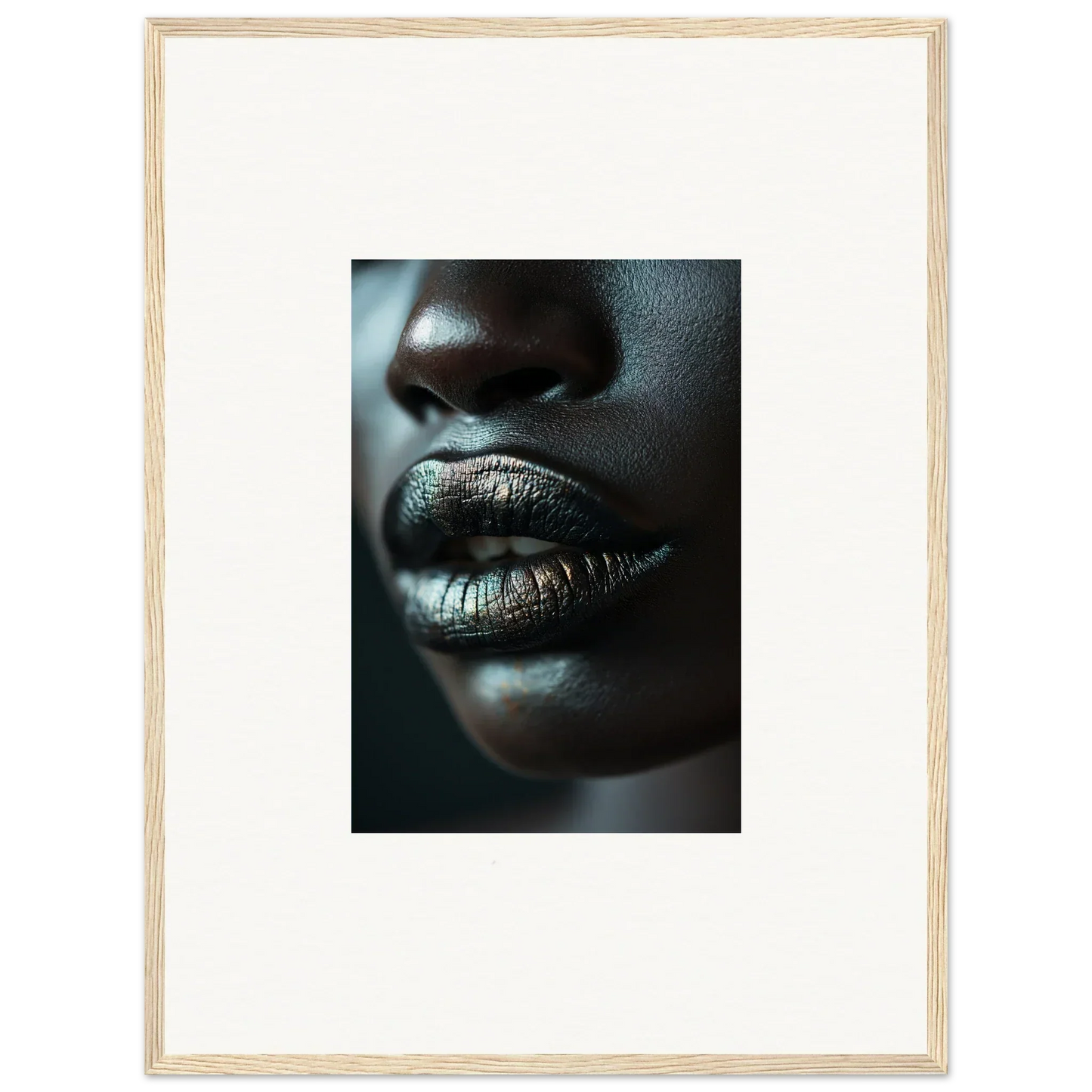 Close-up of glossy lips and nose on dark skin, perfect for Whisper Maelstrom canvas print