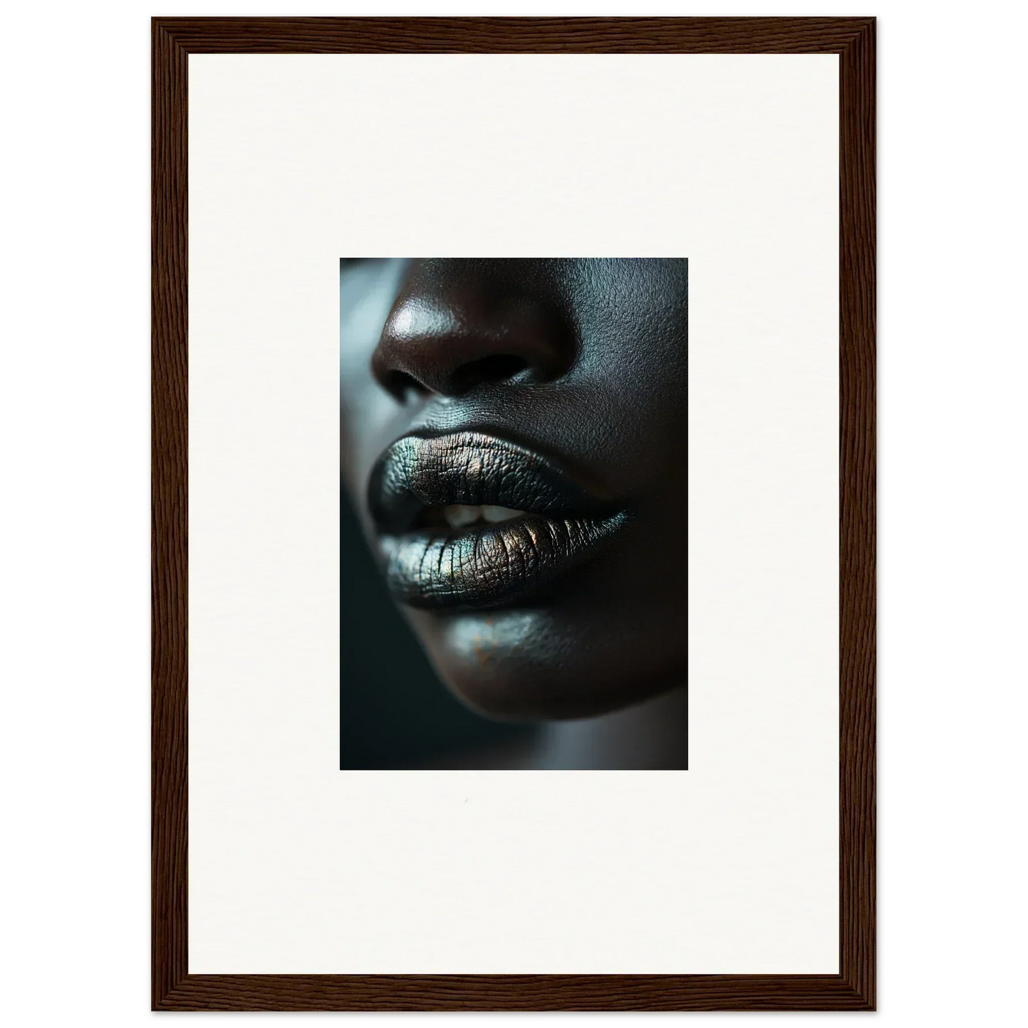 Close-up of lips in shiny silver lipstick from Whisper Maelstrom canvas print