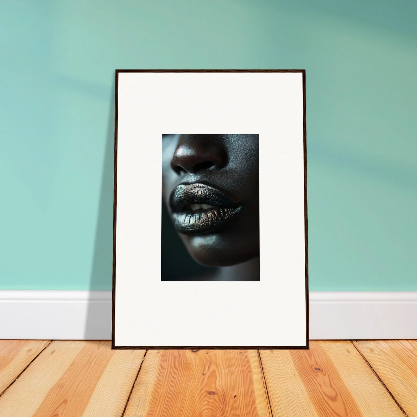 Framed black-and-white lips with metallic adornments, perfect for a Whisper Maelstrom room decoration