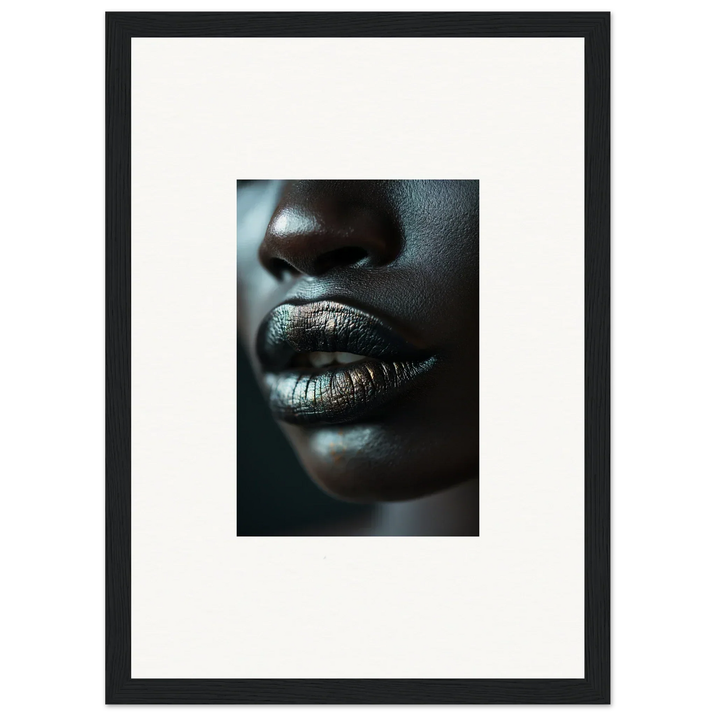 Close-up of lips in metallic silver lipstick, perfect for a Shimmering Whisper Maelstrom canvas print