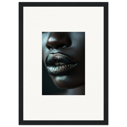 Close-up of lips in metallic silver lipstick, perfect for a Shimmering Whisper Maelstrom canvas print