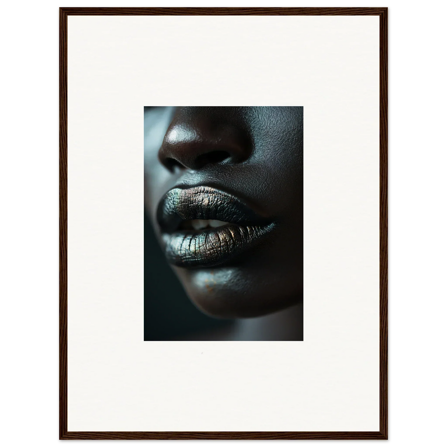 Close-up of shiny silver lips for Shimmering Whisper Maelstrom canvas print decor