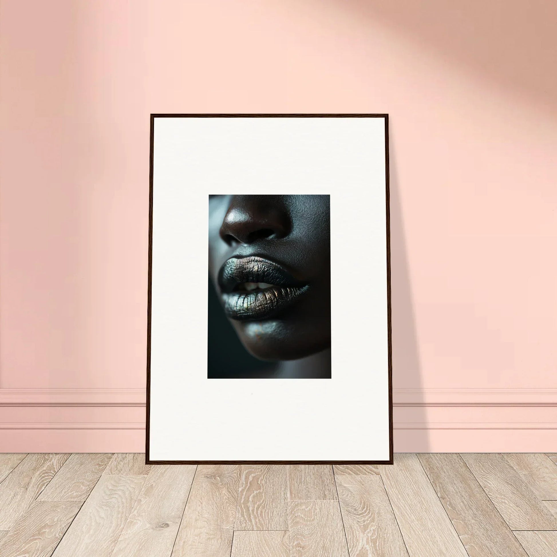 Framed black and white canvas print of glossy lips for Whisper Maelstrom room decoration