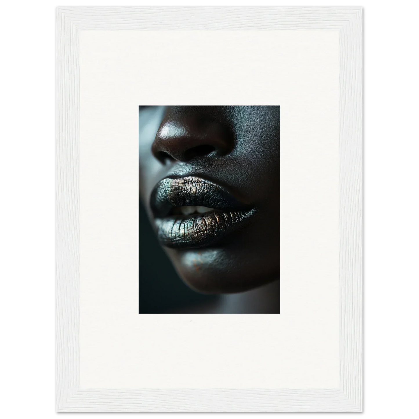 Close-up of lips with metallic silver lipstick from Whisper Maelstrom canvas print