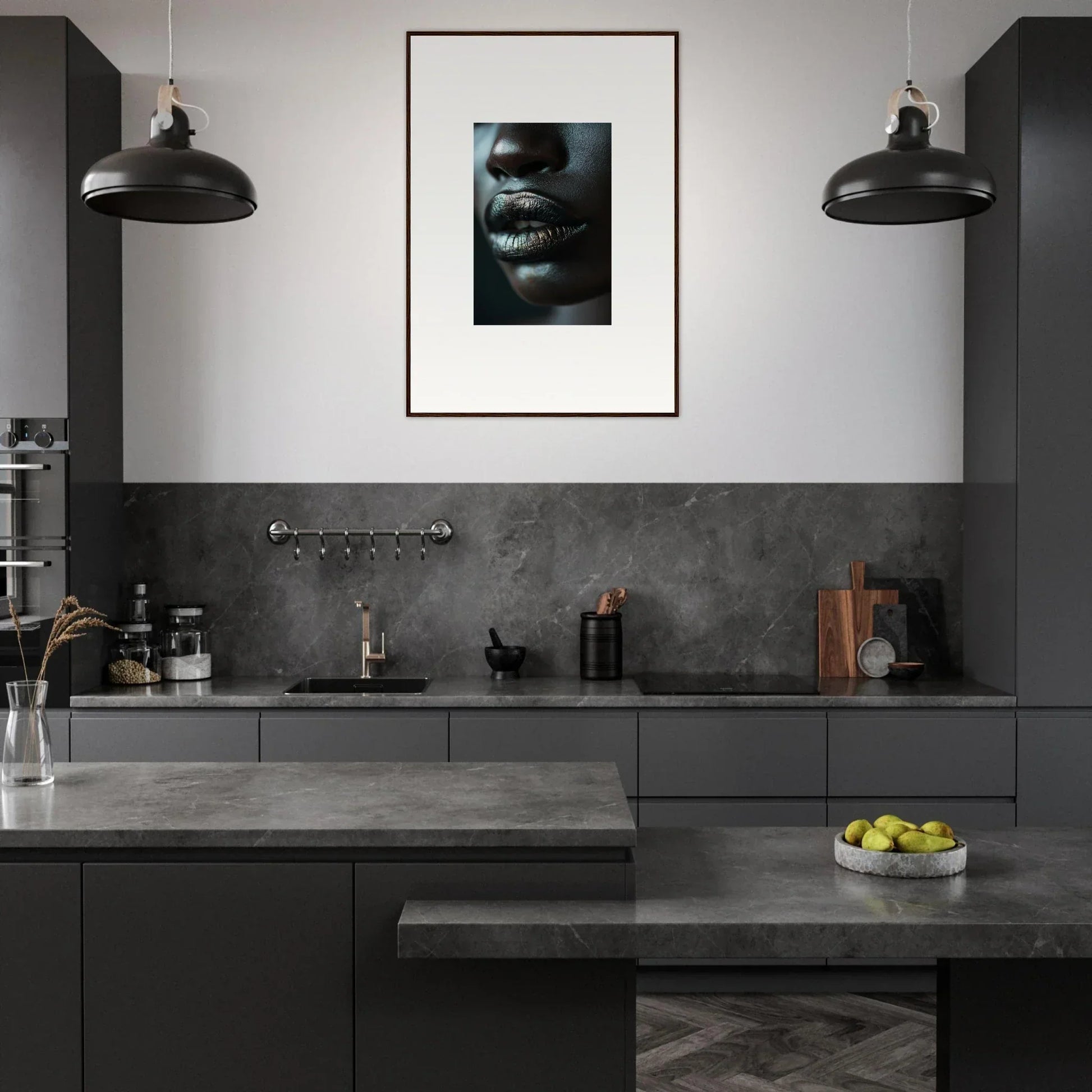 Modern dark kitchen with a striking canvas print for room decoration, Whisper Maelstrom