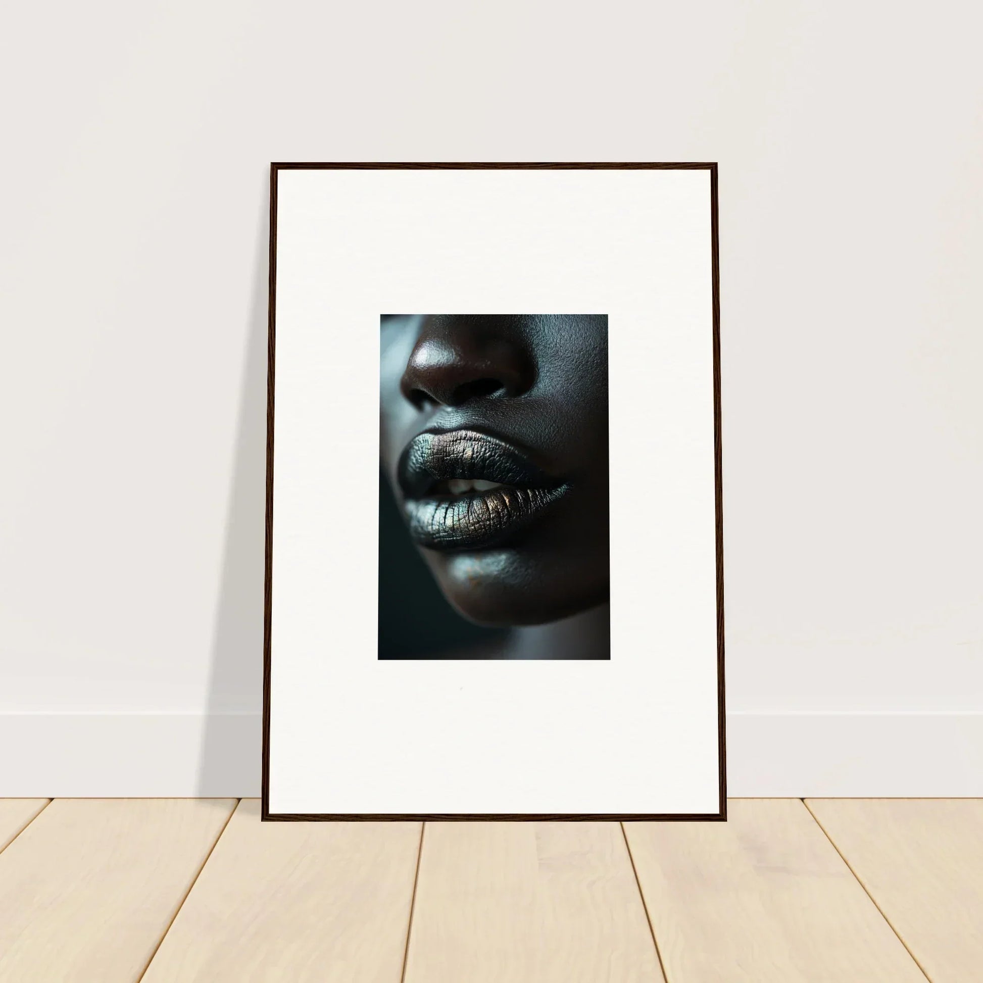 Framed black and white canvas print of glossy lips, perfect for room decoration with Whisper Maelstrom vibe