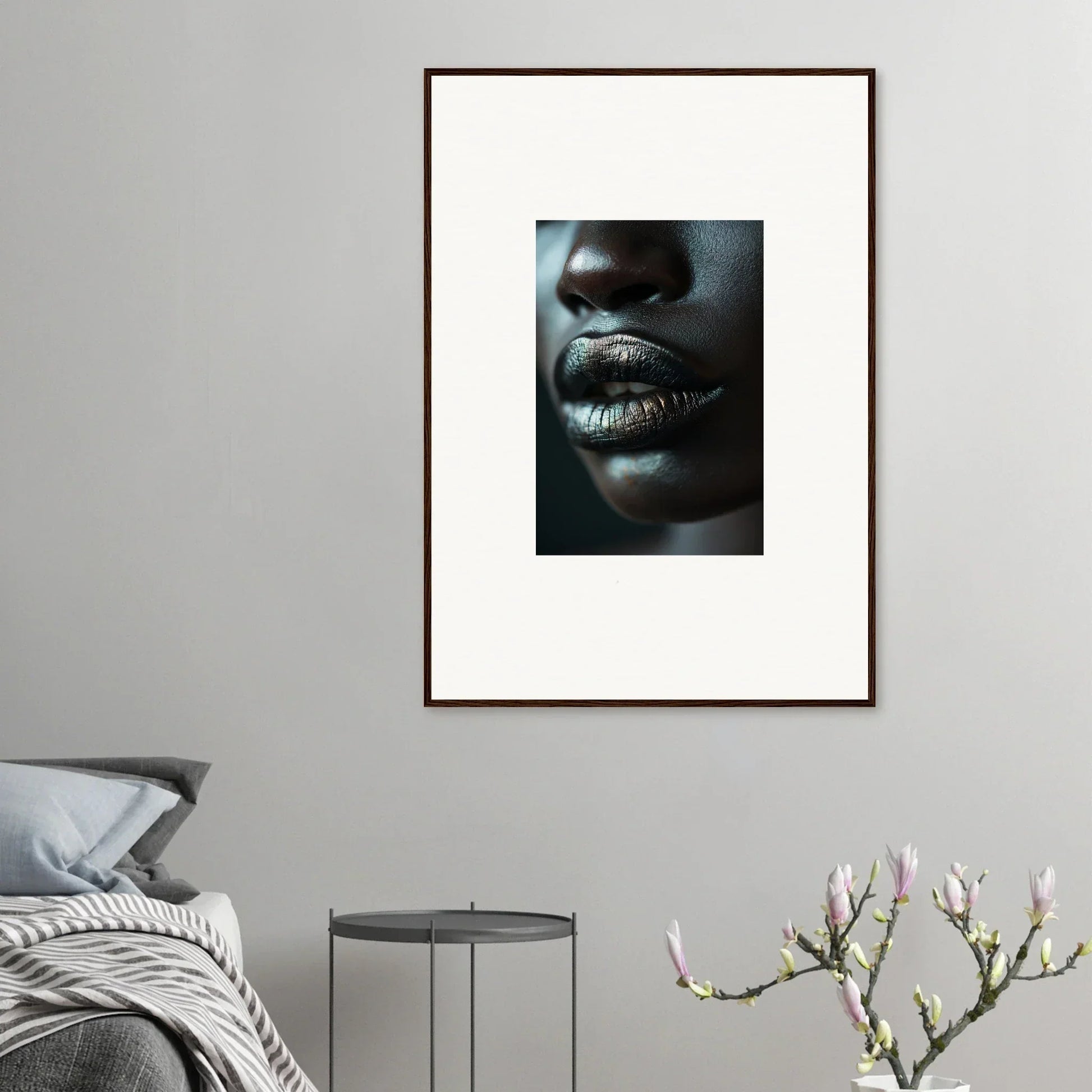 Framed black and white lips with silver lipstick, perfect for Room Decoration as a Canvas Print