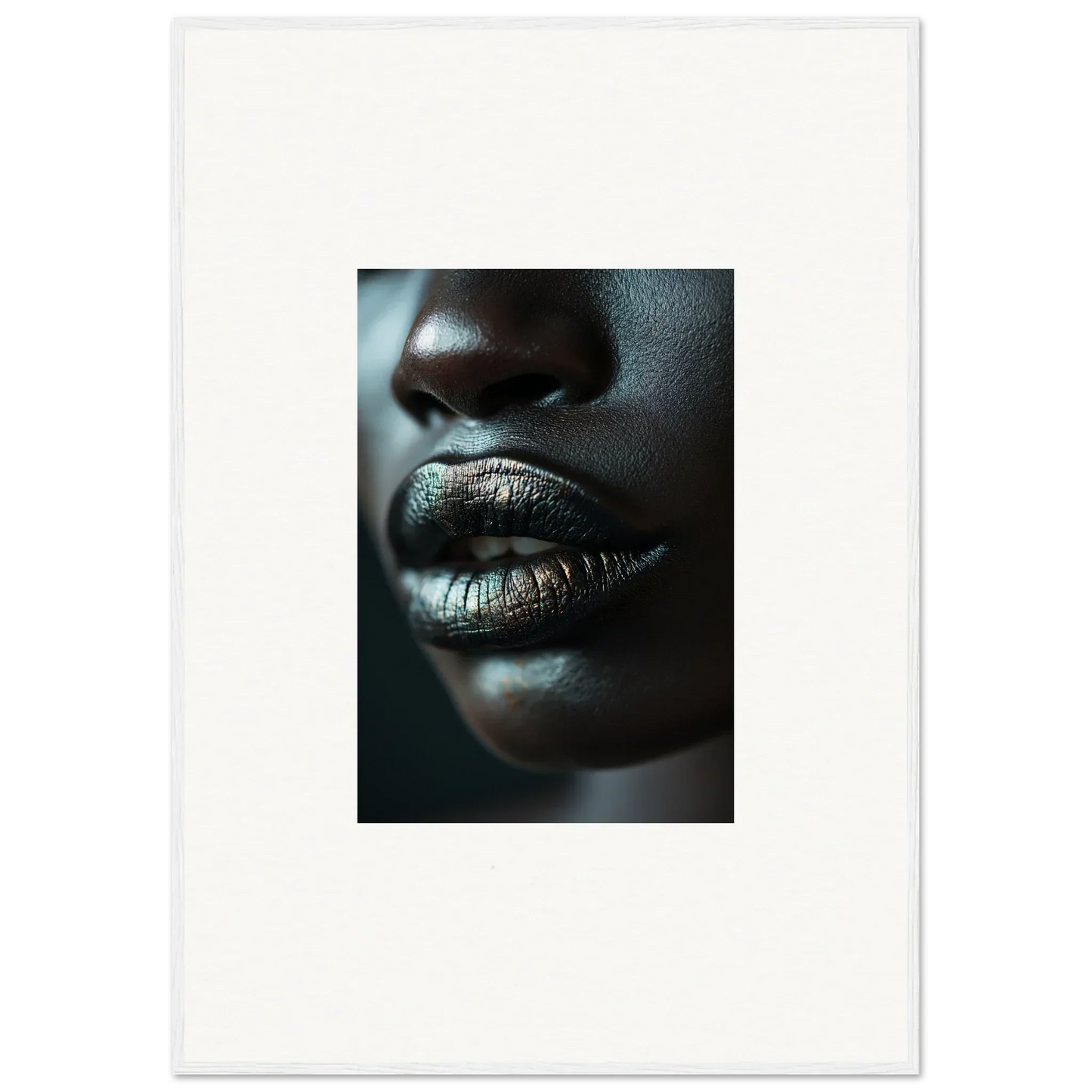 Close-up of lips wearing metallic gold lipstick from Whisper Maelstrom canvas print