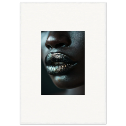 Close-up of lips wearing metallic gold lipstick from Whisper Maelstrom canvas print