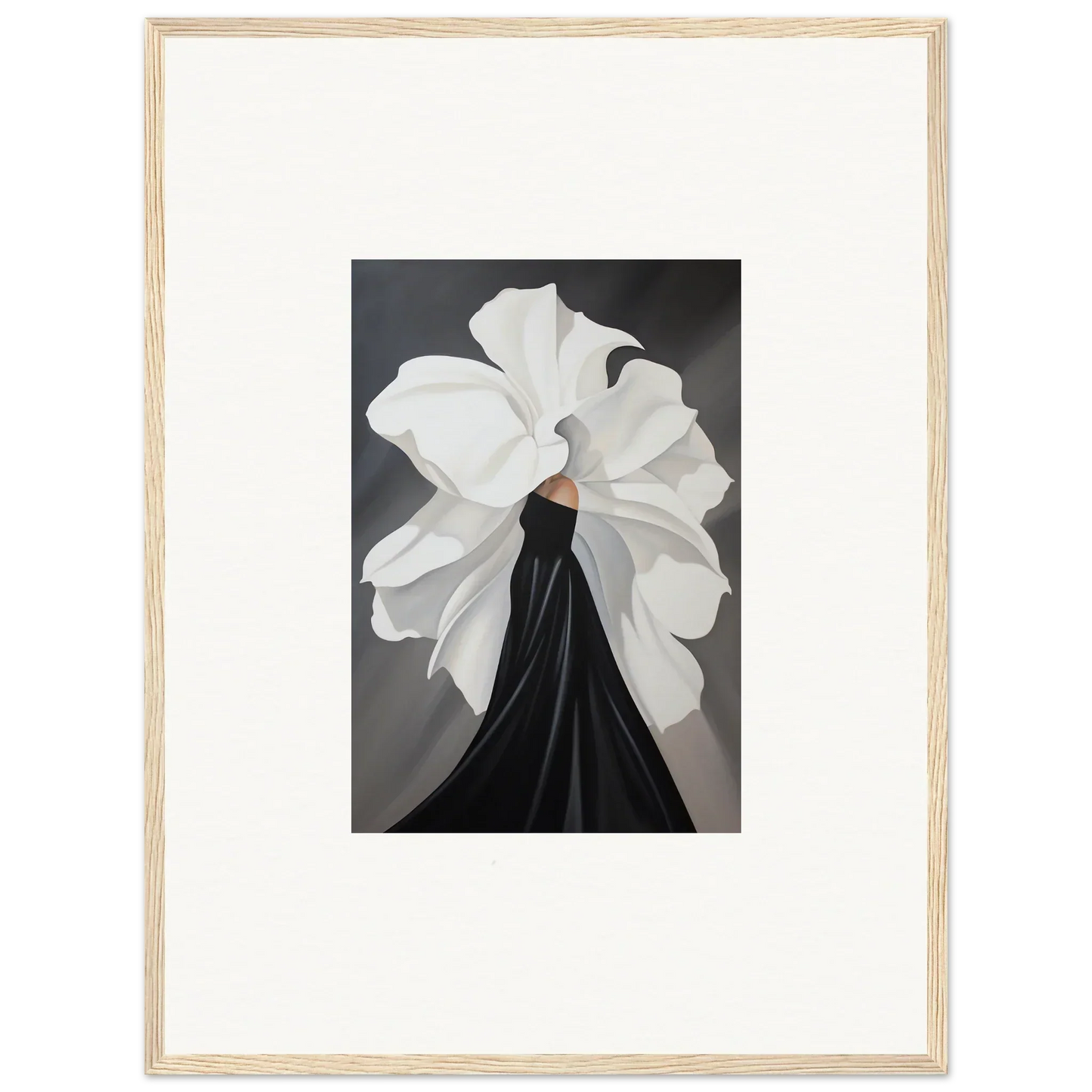 Framed wall art featuring petal whispers, depicting a figure in a black dress