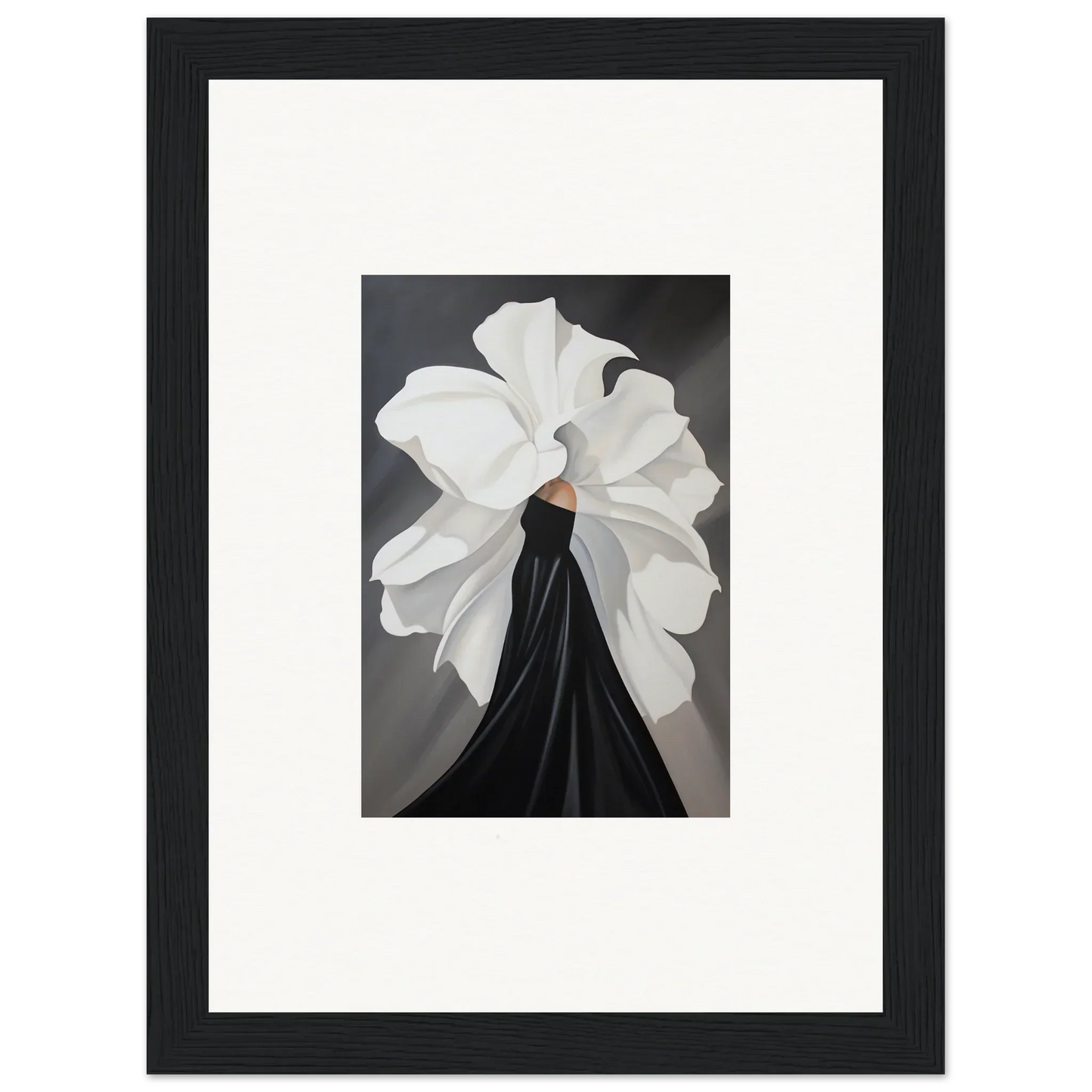 Framed wall art of a figure in a black dress with petal whispers above for stylish room decor