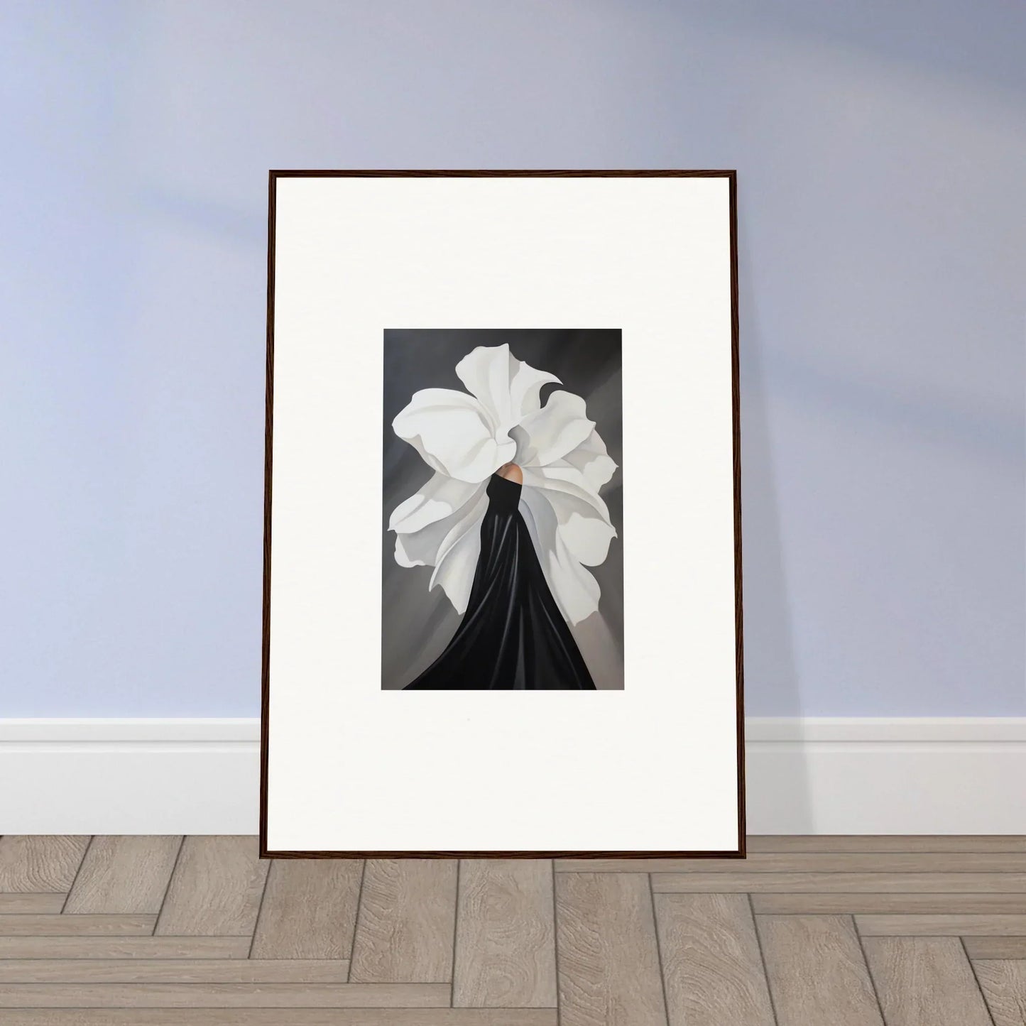 Framed black and white wall art of a figure with a dramatic white floral headpiece for petal whispers room decor