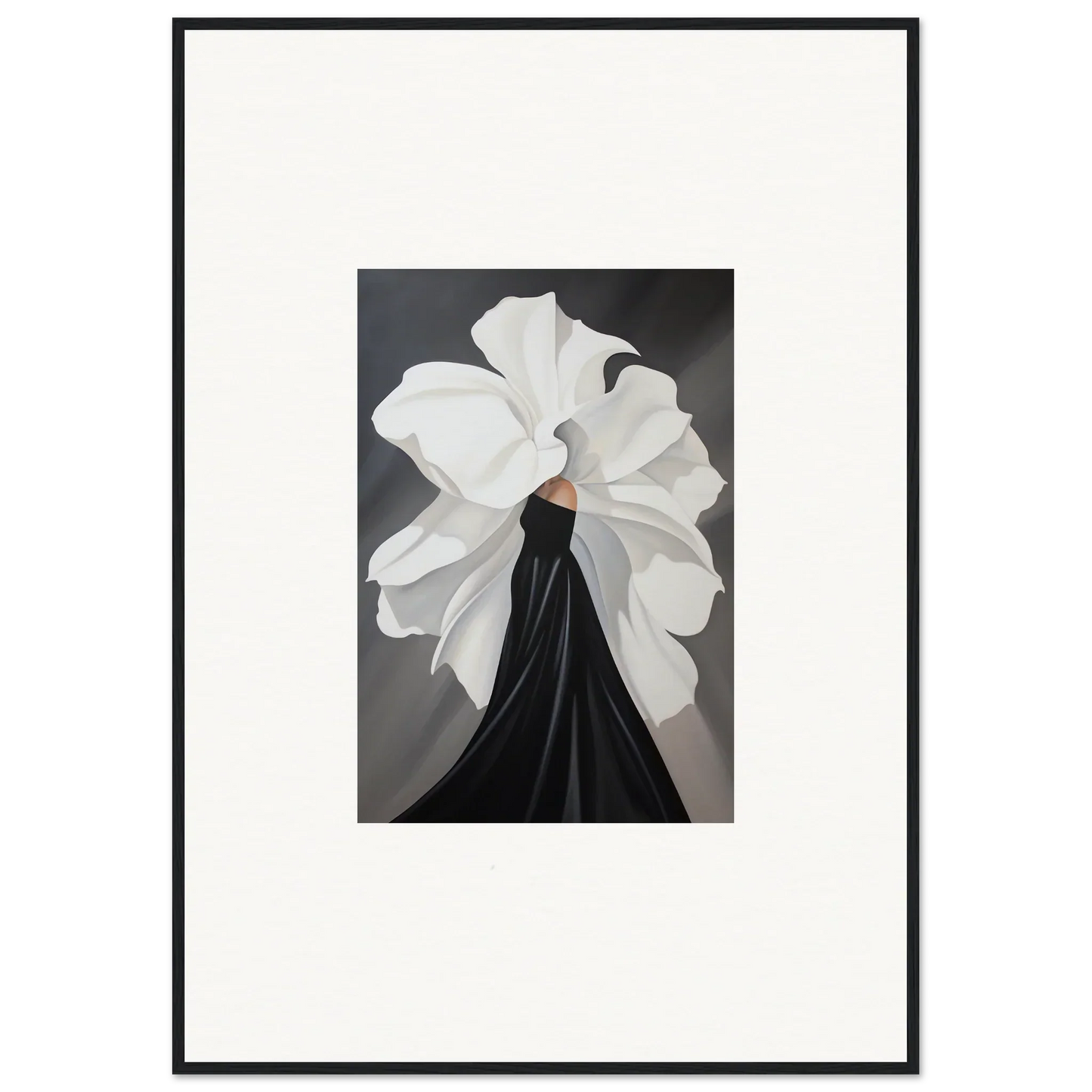 Elegant black dress with oversized white collar for Petal Whispers room decor