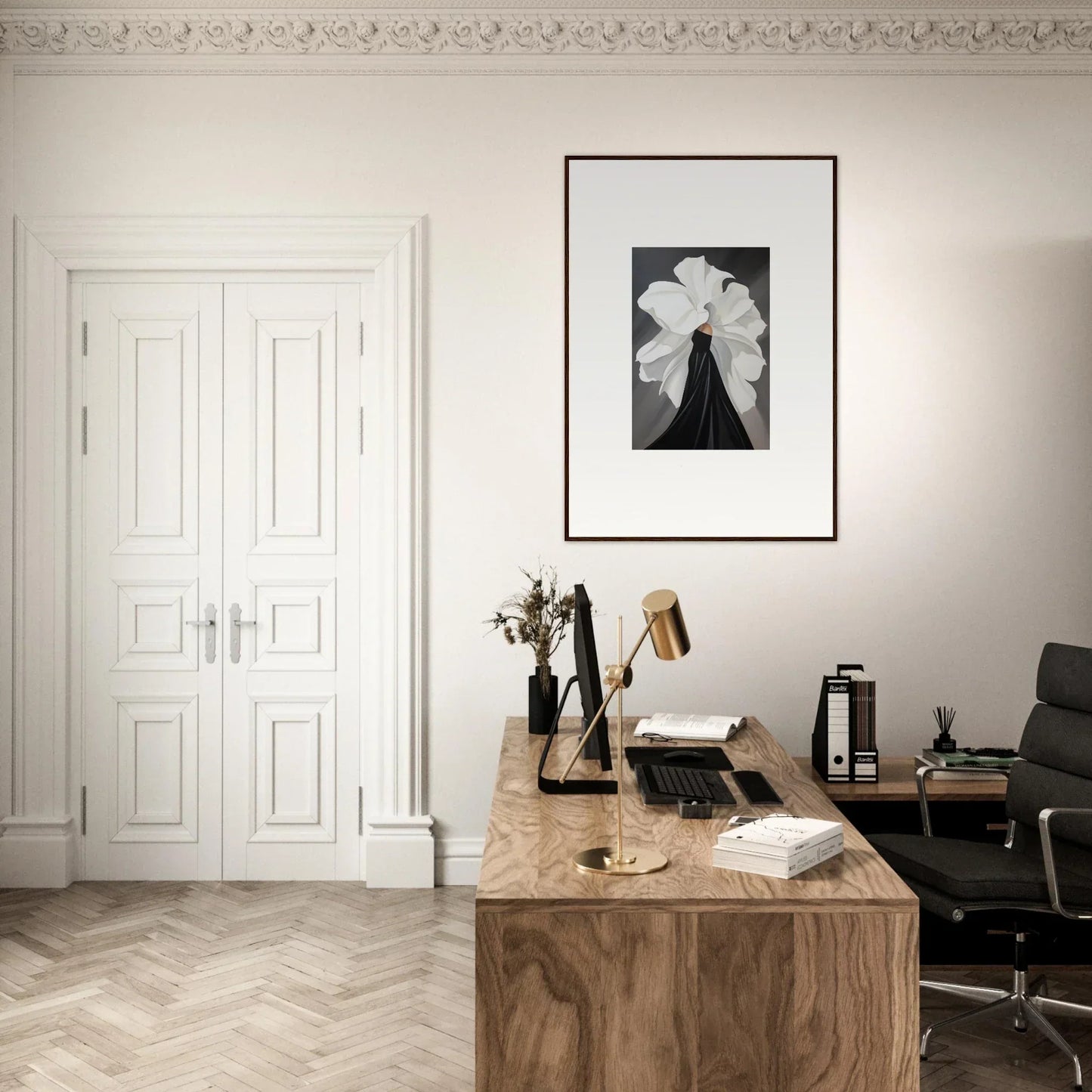 Wooden desk with a typewriter and accessories for elegant room decor featuring Petal Whispers