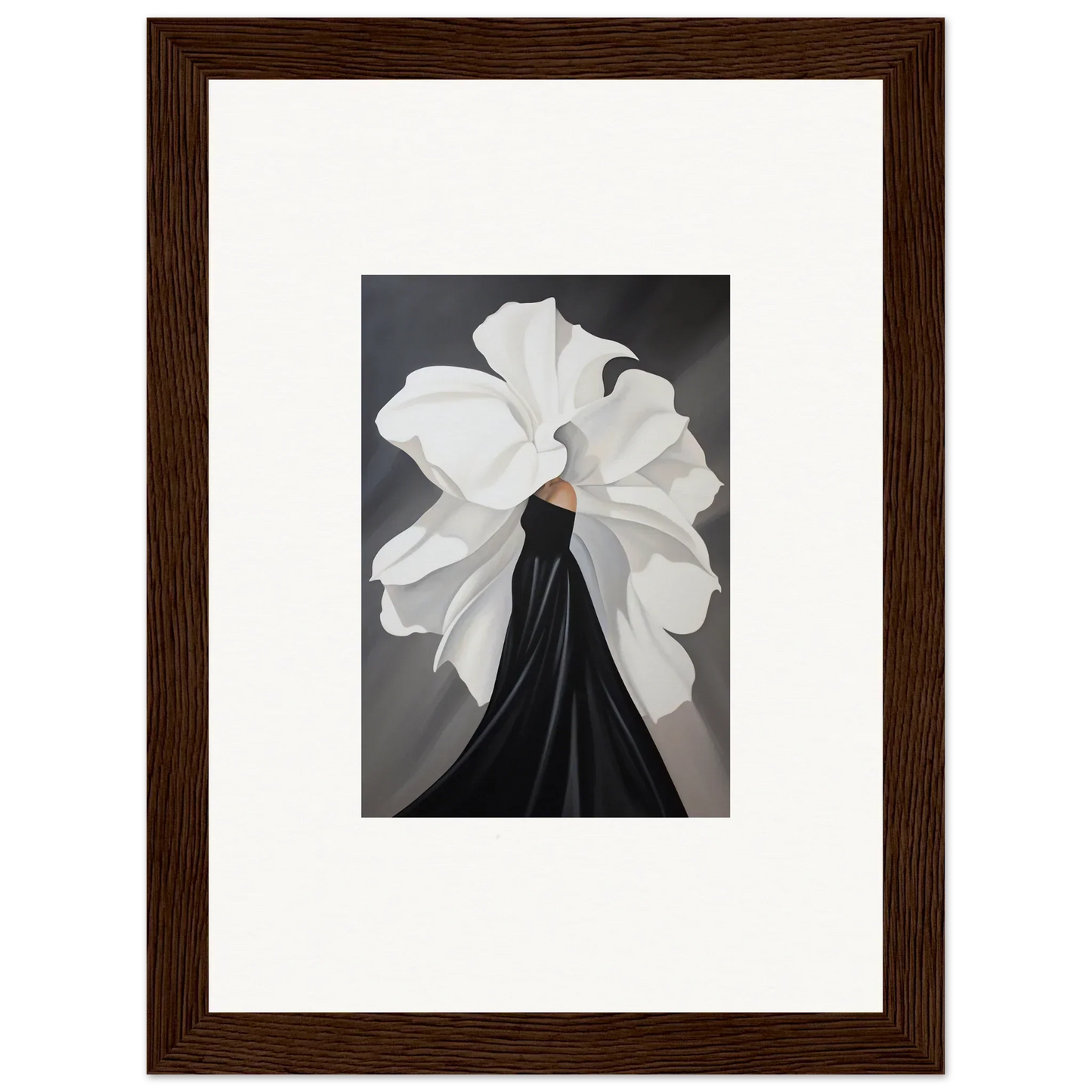 Framed wall art of a figure in a black dress with petal whispers collar for elegant room decor