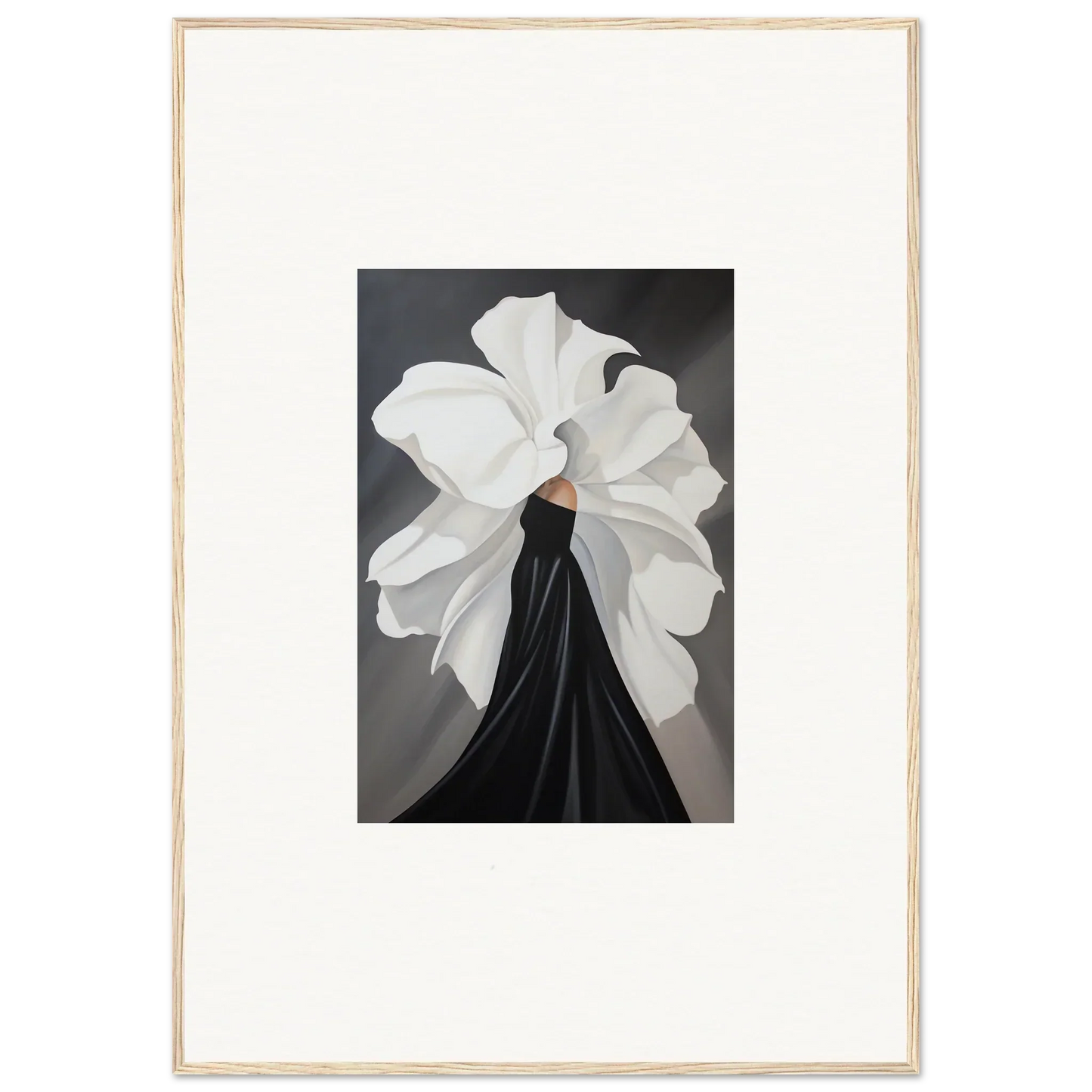 Elegant black dress with oversized white flower accent, perfect for Petal Whispers decor