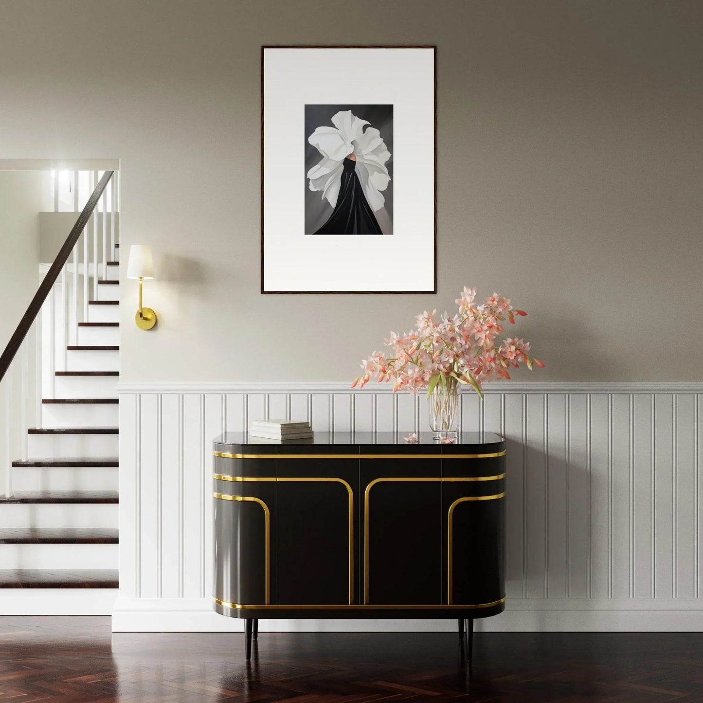 Elegant black and gold sideboard enhancing room decor with Petal Whispers theme